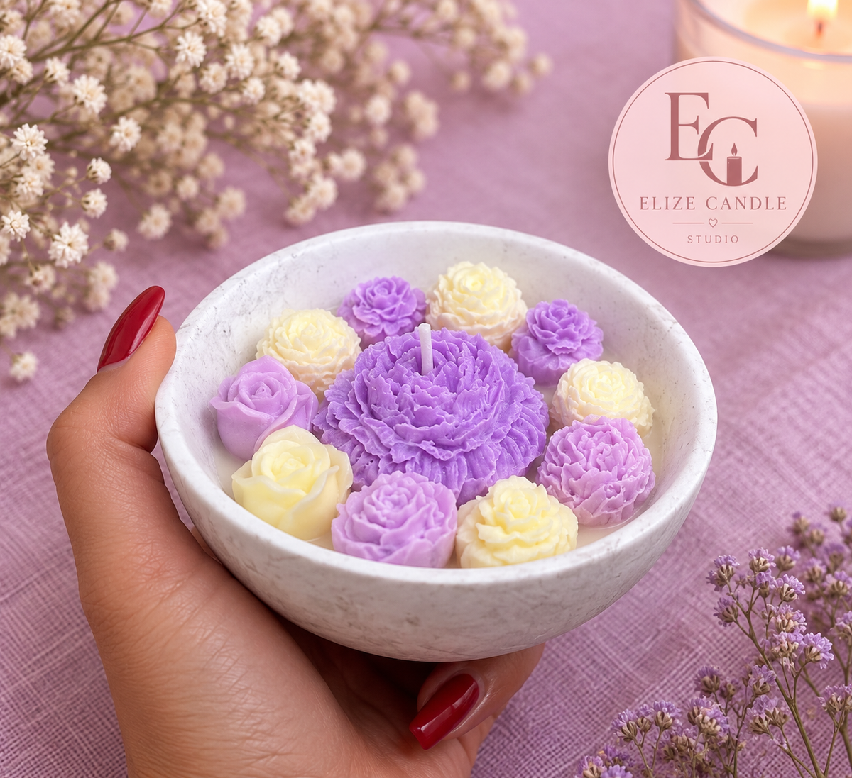 Blütenzauber – Handgemachte Blumenkerze in Schale